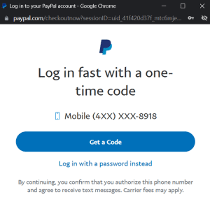 PayPal one-time code login popup window.