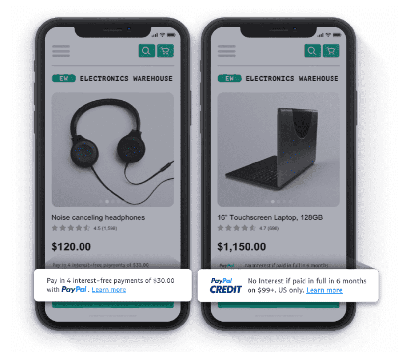 PayPal dynamic messaging showing Pay In 4 and PayPal Credit option on-site.