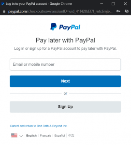 PayPal login popup window.