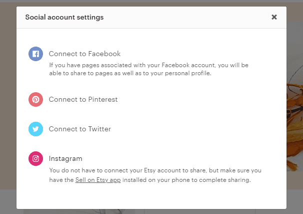 Connect Etsy to Facebook, Pinterest, Twitter, and Instagram in Etsy Shop Manager dashboard.