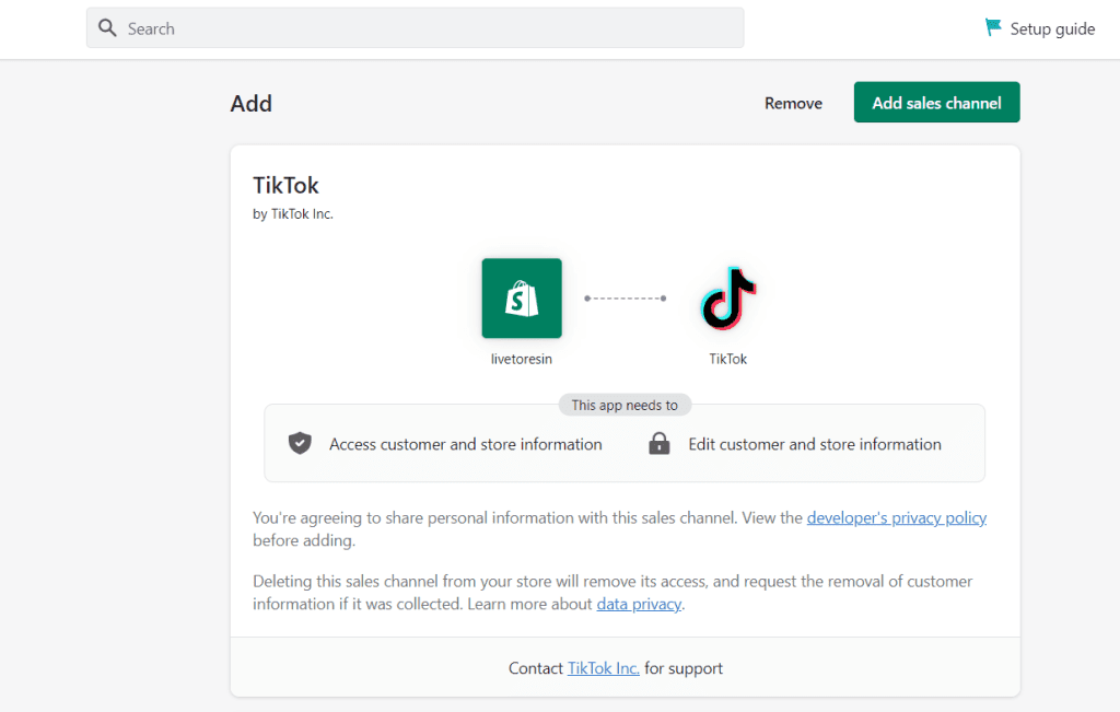 Selling on TikTok Shopify app connection