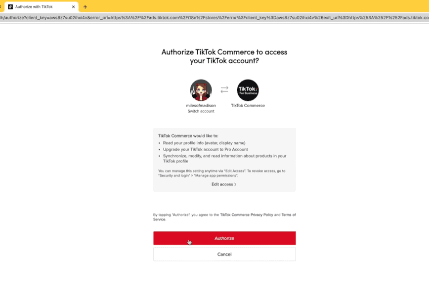 Ecwid authorize TikTok commerce