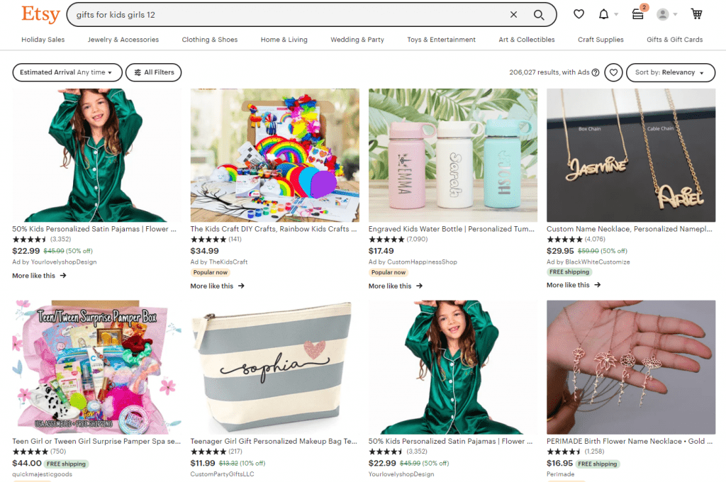 Top eight Etsy search results for gifts for kids girls 12.
