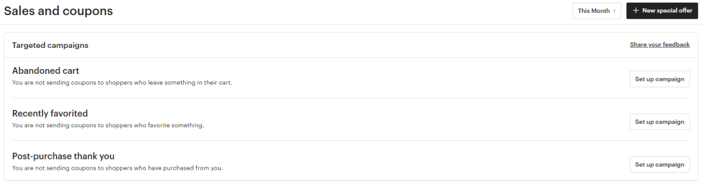 Etsy sales and coupons on Etsy marketing tab in Etsy shop manager.