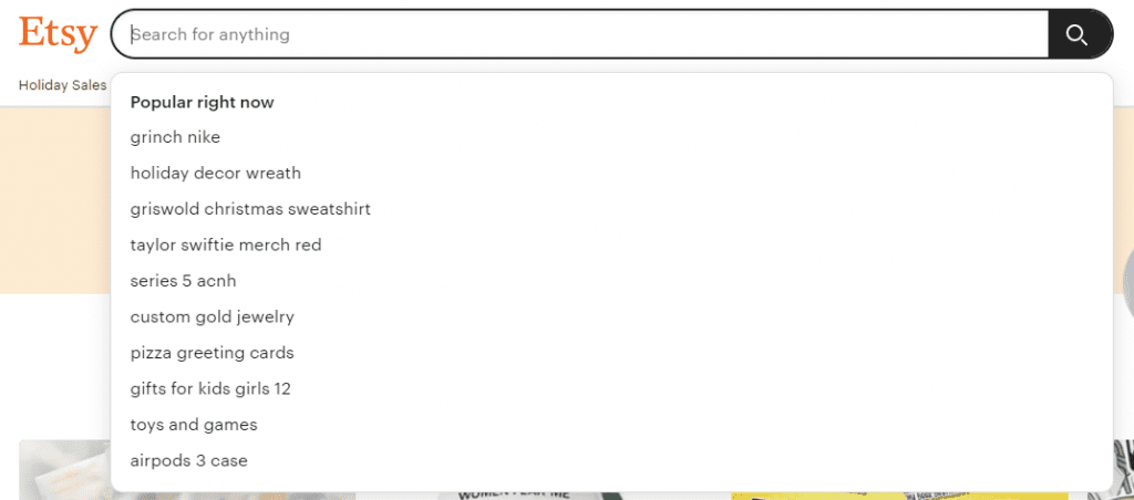 Etsy search engine box showing what's popular right now.