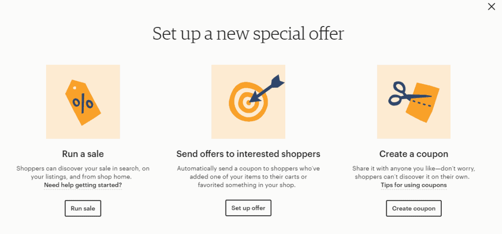Etsy set up new offer: run sale, send offers to interested customers, or create a coupon.