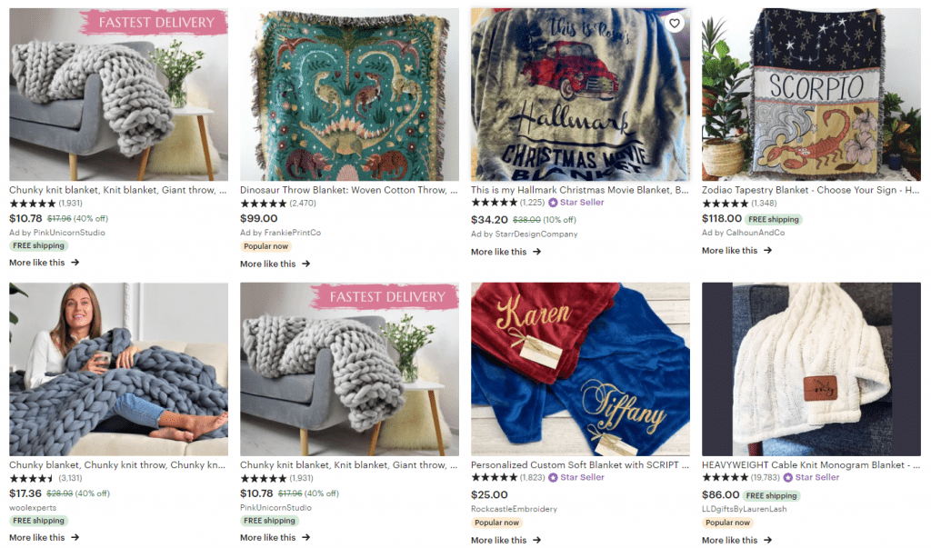 Eight Etsy search results for knit blanket. Five search results include free shipping.
