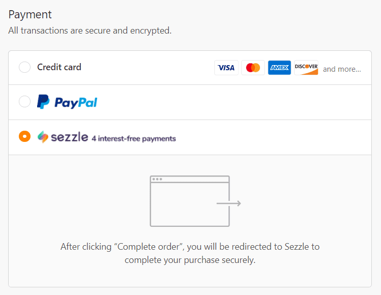 Sezzle payment option among PayPal, credit, and debit card options.
