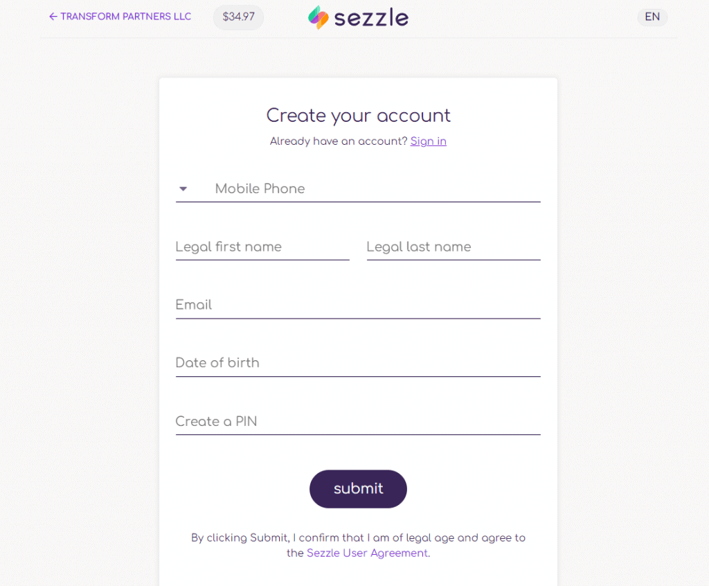 Sezzle signup page.