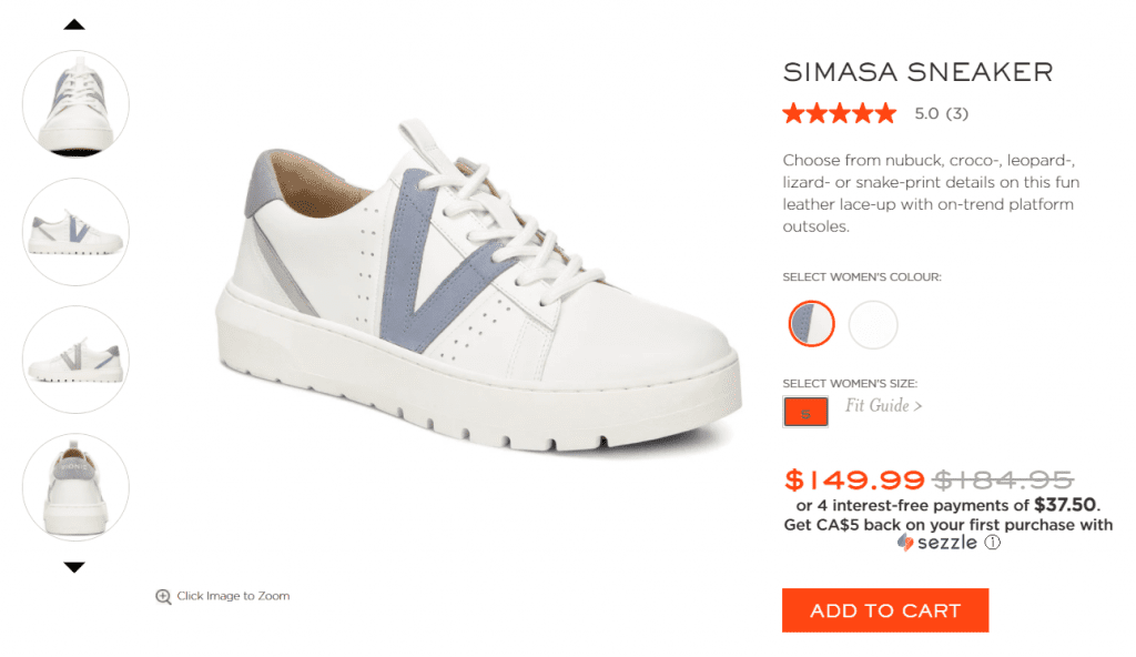 Simasa sneaker product page displaying Sezzle Payment option.