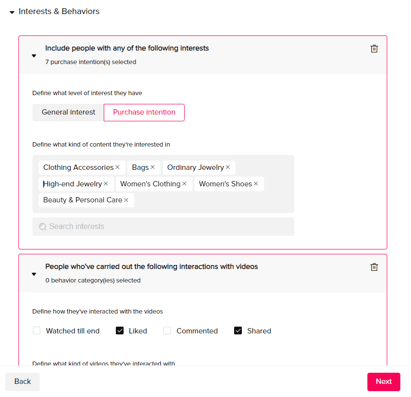 Selling on TikTok ad intentions settings