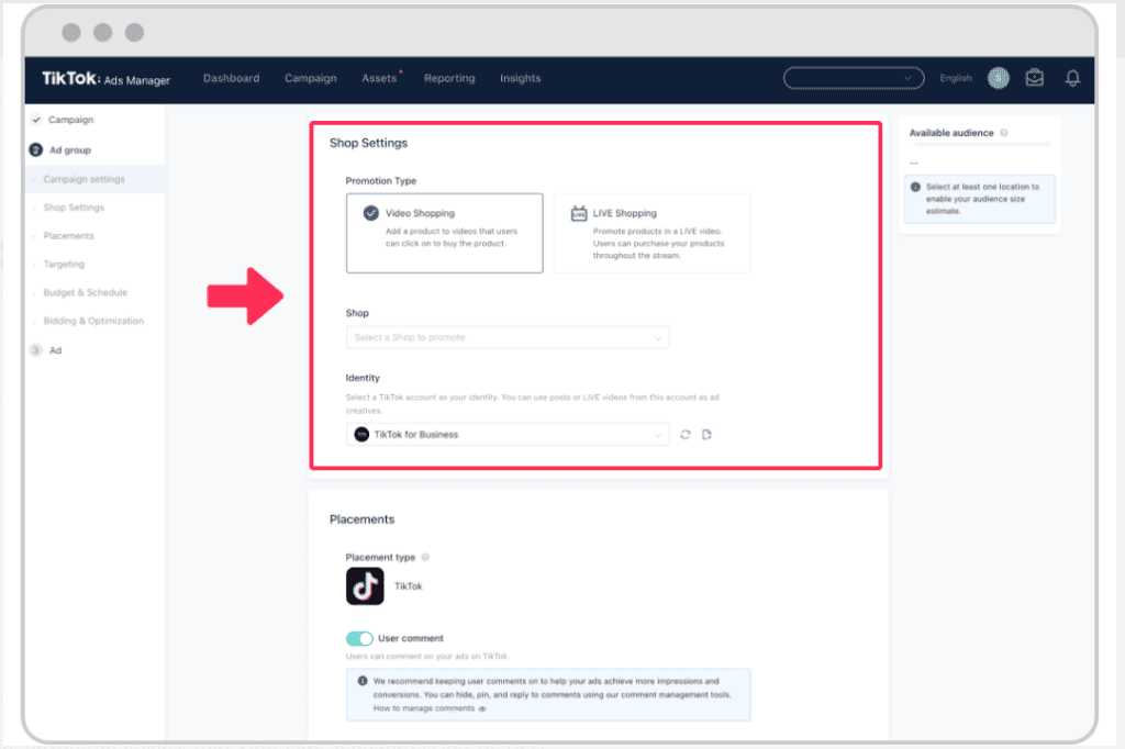 Tiktok ads manager shop settings