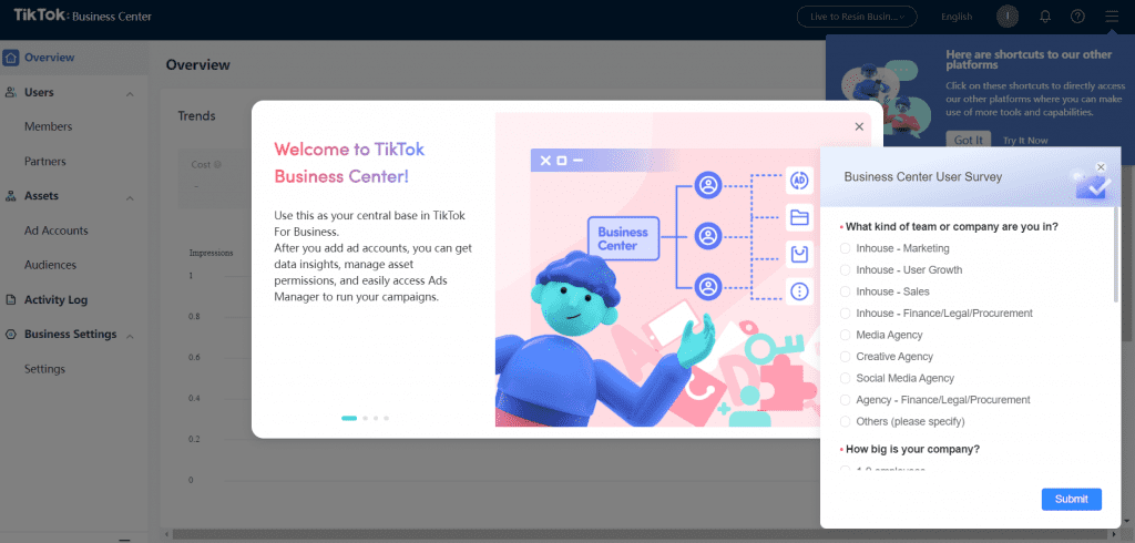 Welcome to TikTok Business Center successful signup page.