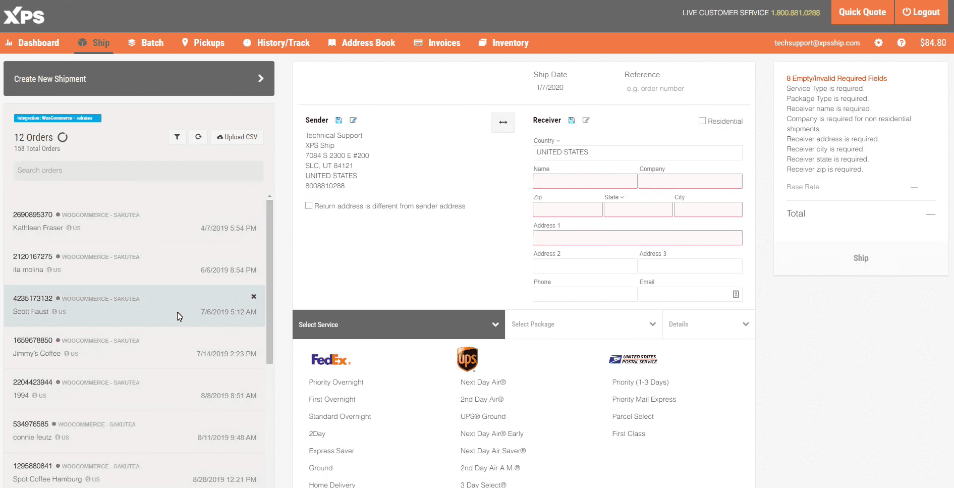 Screengrab showing XPS Ship carrier selections