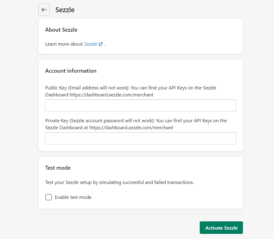 Add Sezzle credentials to install Sezzle on Shopify store.