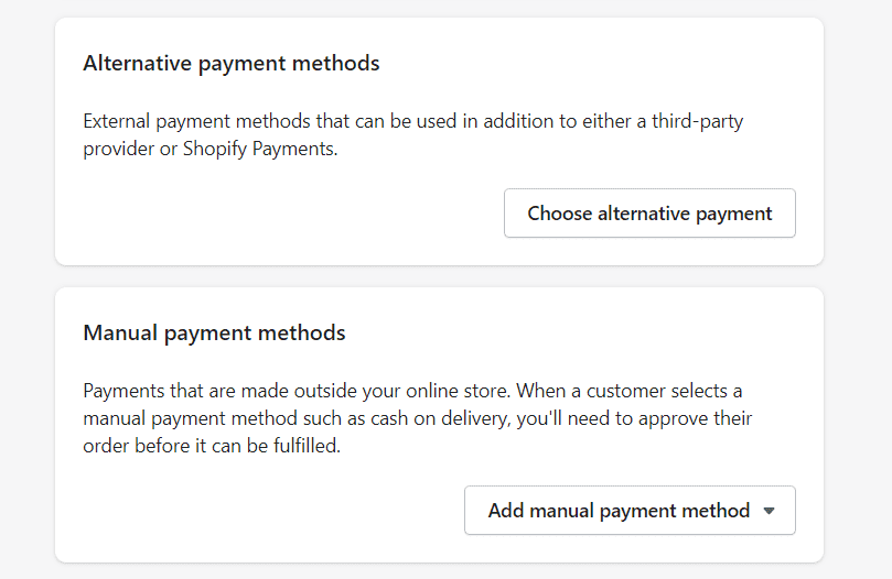 Alternative payments setting on Shopify store admin.