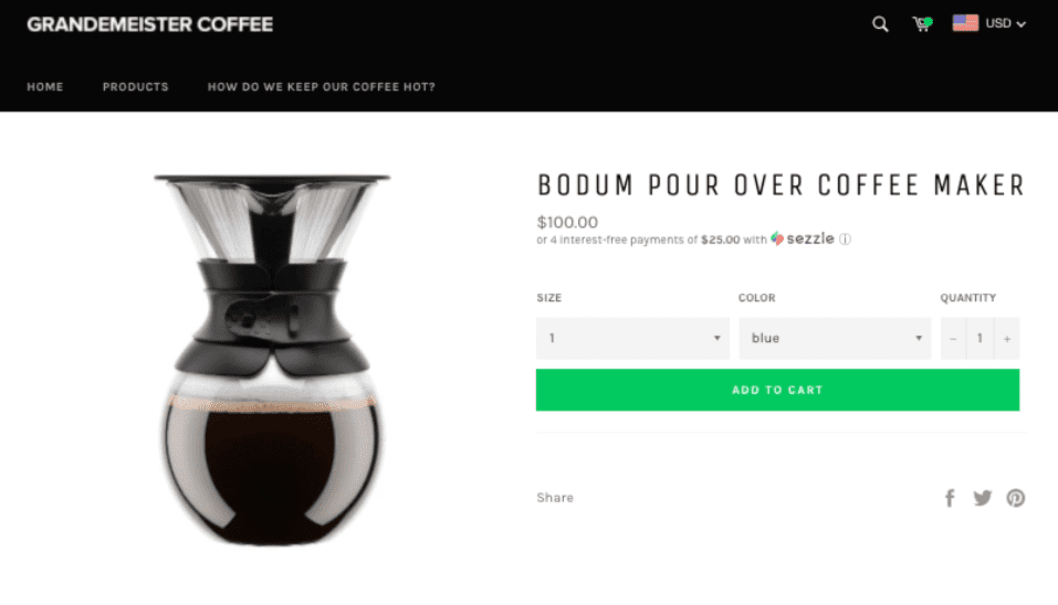 Sezzle payment widget on coffee maker product page.