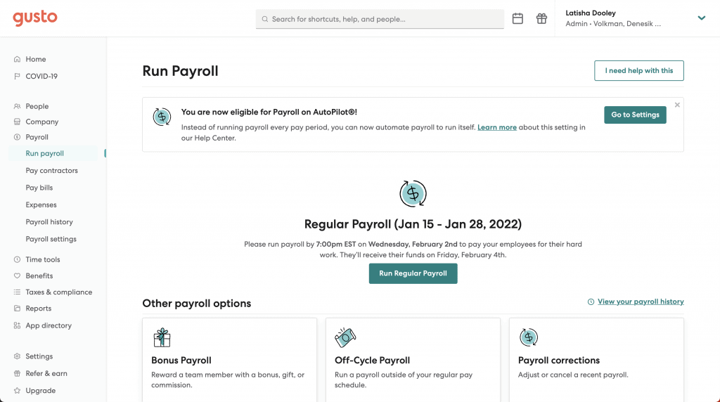 Gusto run payroll screen