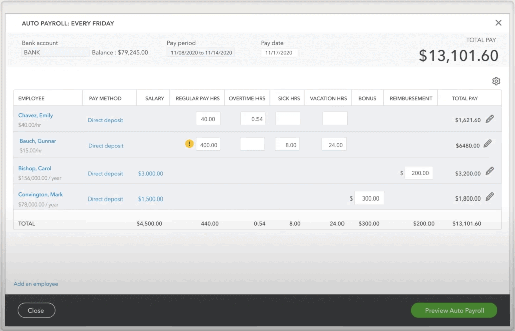 QuickBooks Online Payroll AutoPayroll Screen