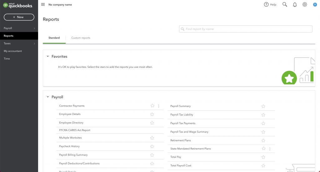 screenshot of Intuit Online Payroll's reports dashboard