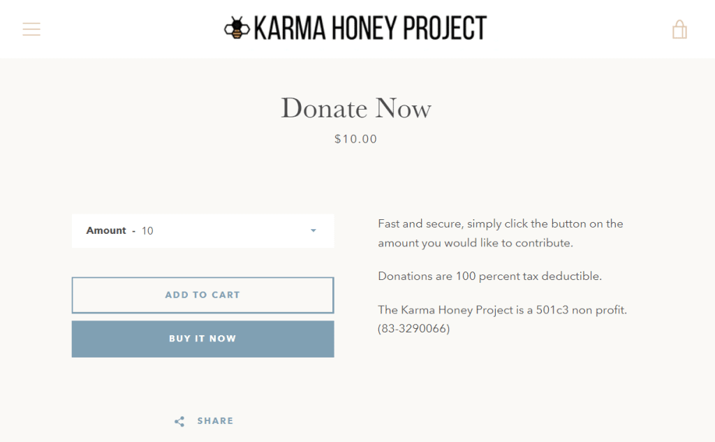 Shopify buy button on charity organization website.