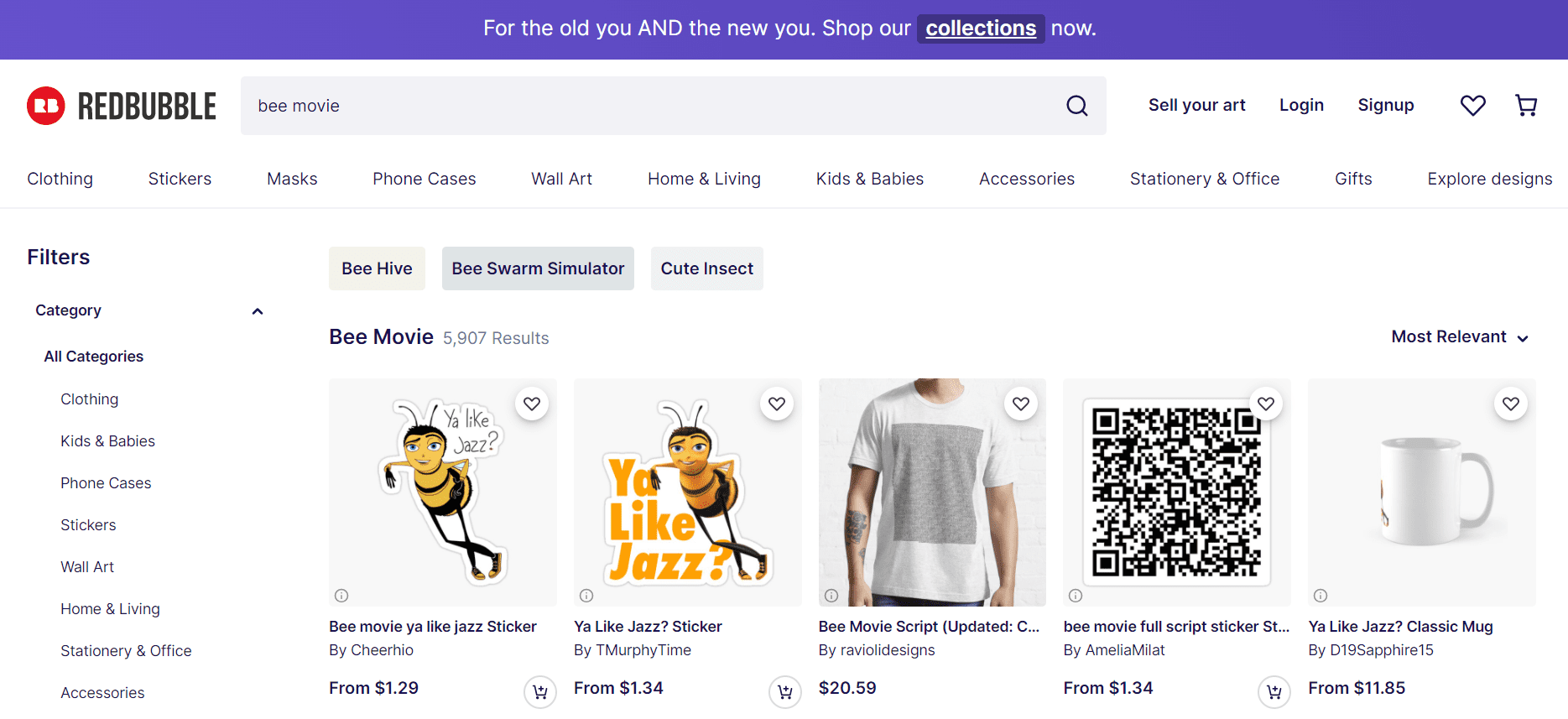 RedBubble print-on-demand product search results page