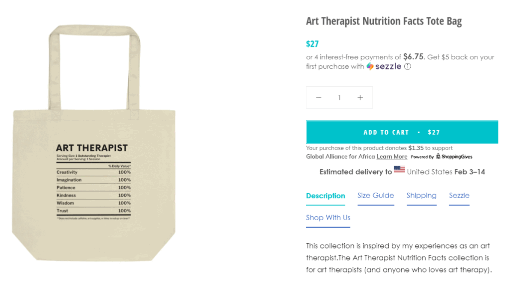 Shopify store with charity donation dollar amount on product page.