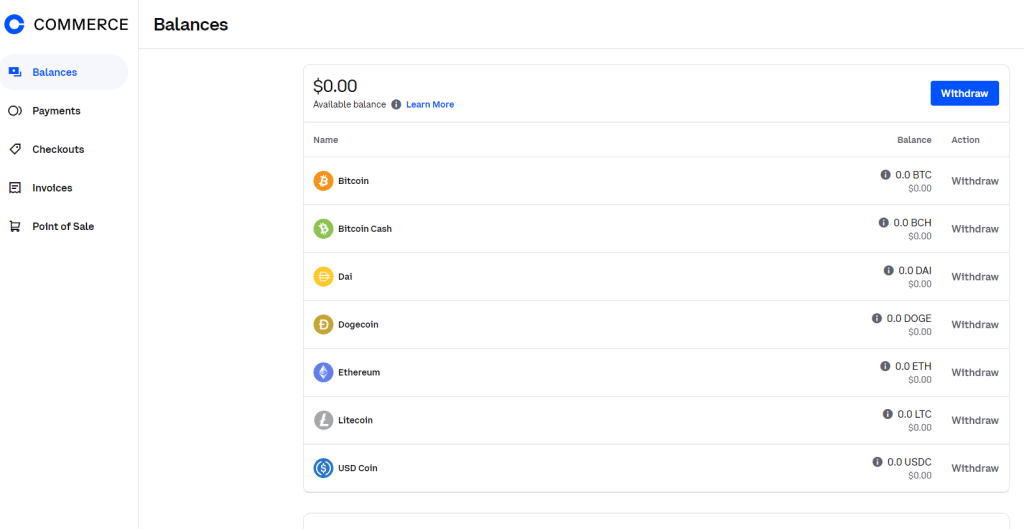 Coinbase Commerce - dashboard for cryptocurrency payments