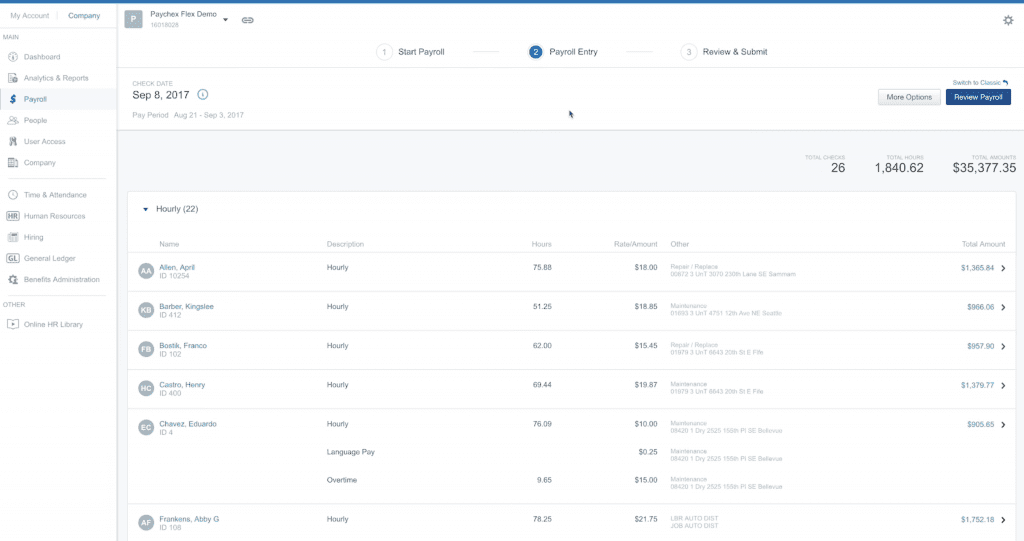 screenshot of Paychex's payroll dashboard