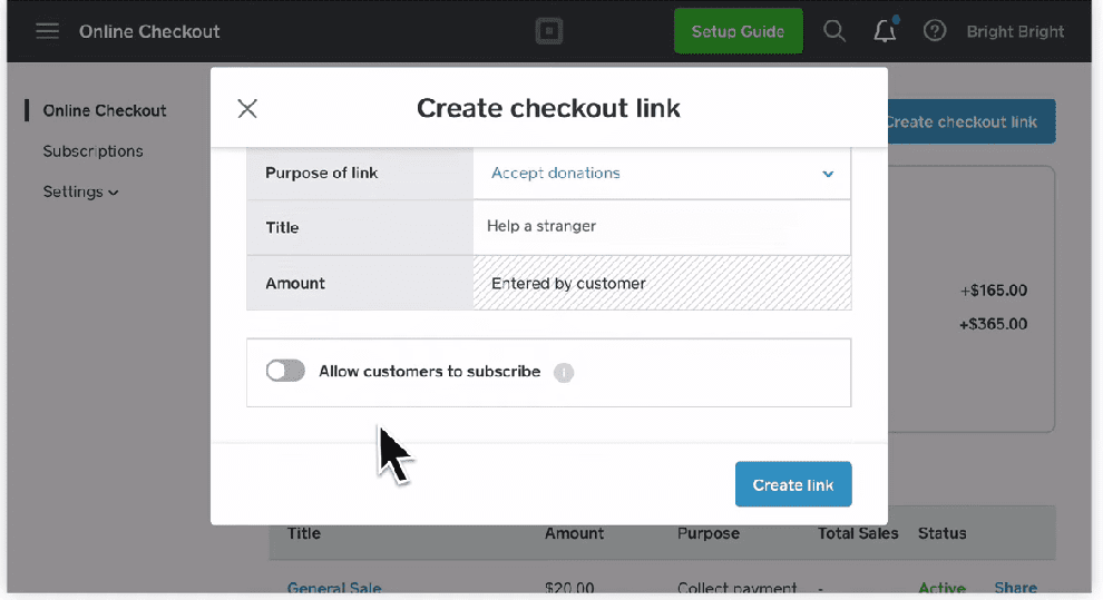 Screengrab showing a Square checkout link with subscription option