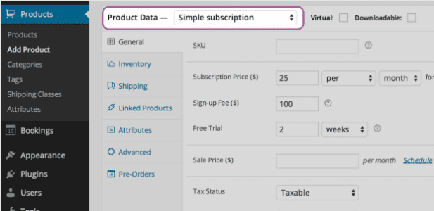 Screengrab of WooCommerce admin page showing subscription options