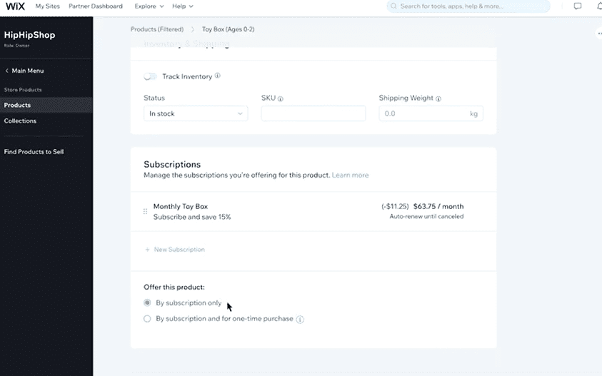 Wix subscription dashboard. 