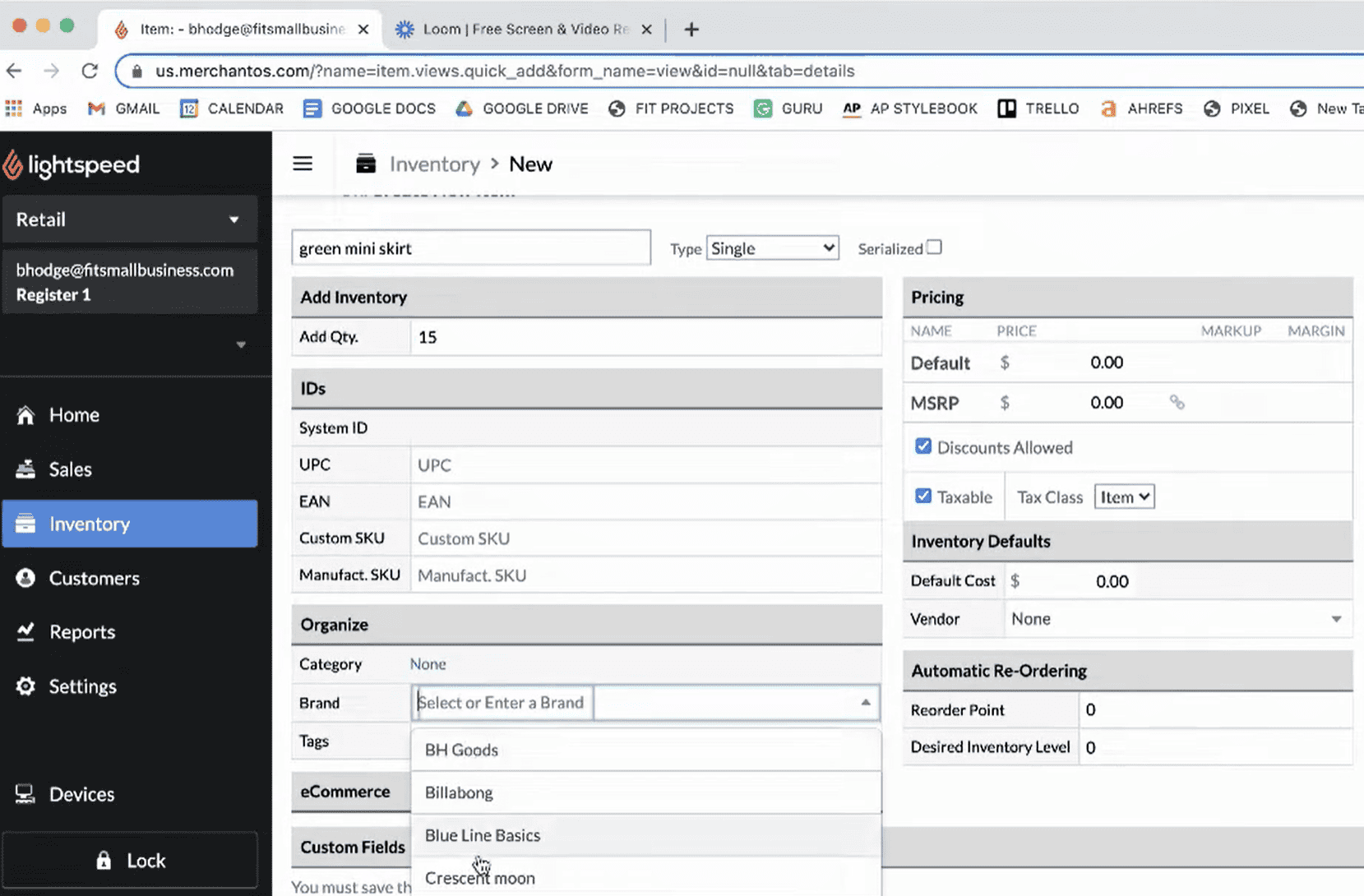 Lightspeed Retail add inventory item from admin dashboard