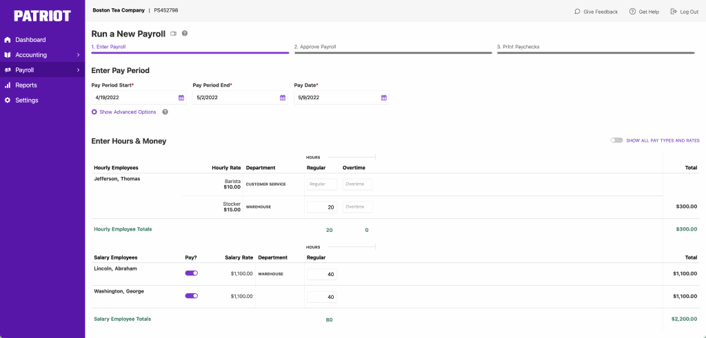 screenshot of Patriot Payroll's run payroll dashboard