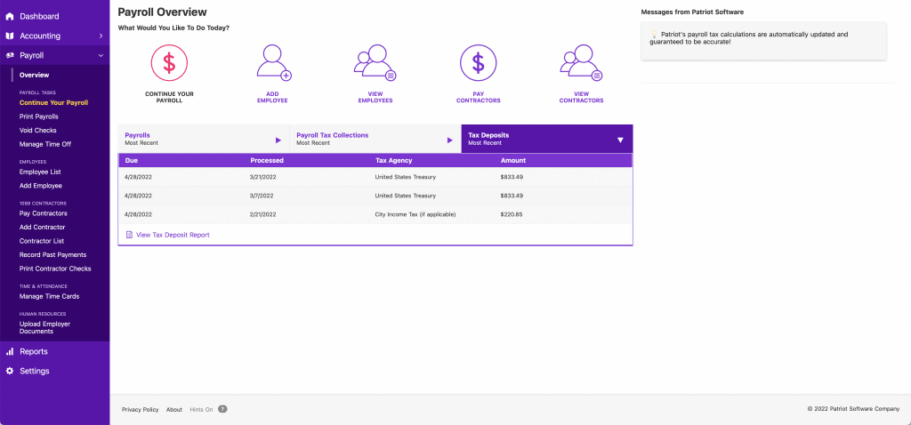 patriot payroll tax feature