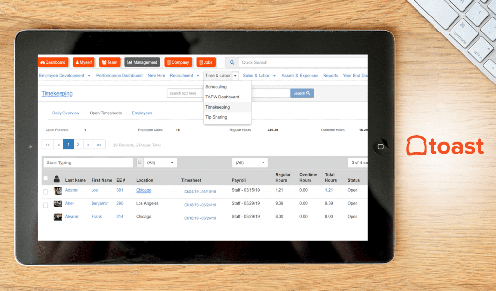 toast payroll dashboard on tablet
