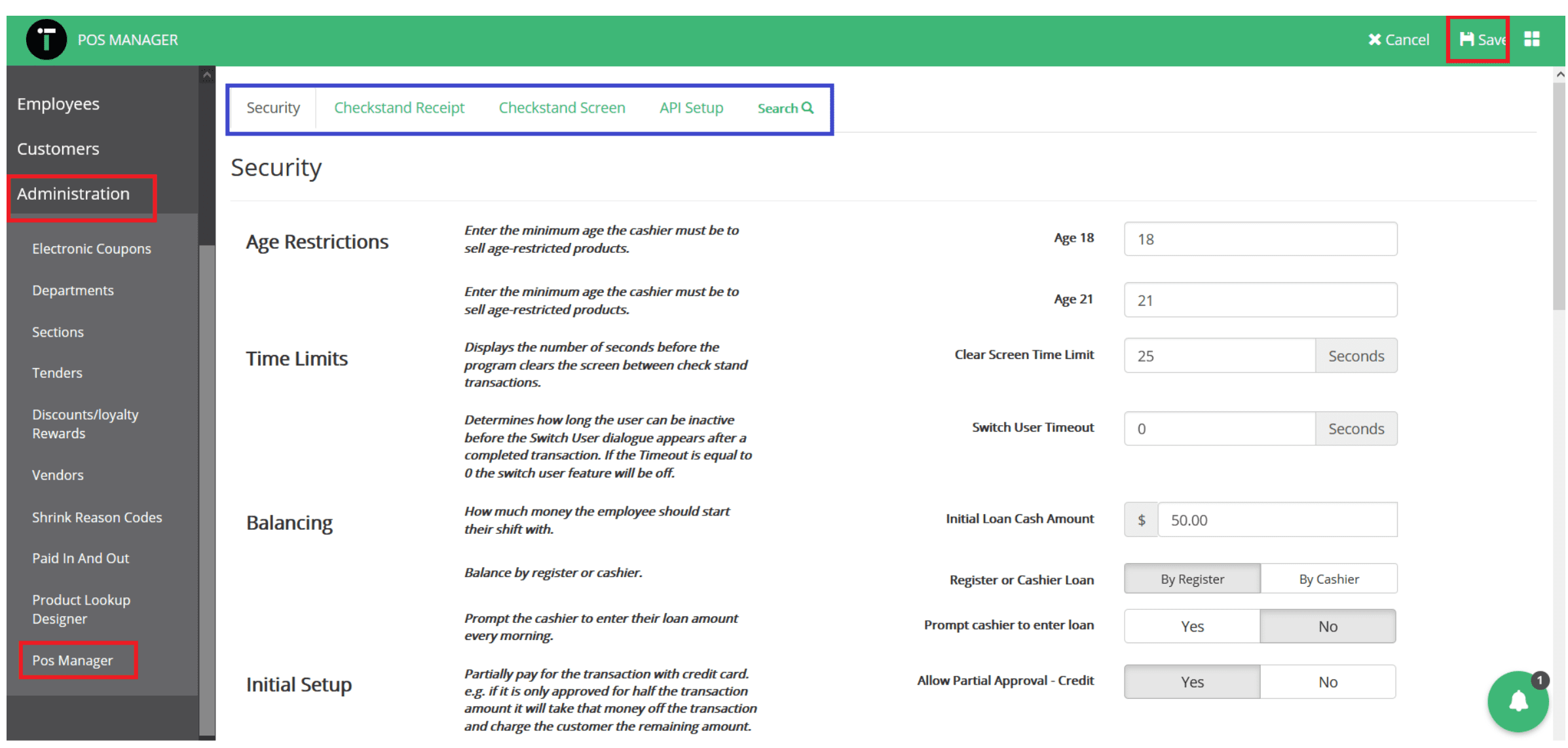 POS Nation security settings on admin dashboard