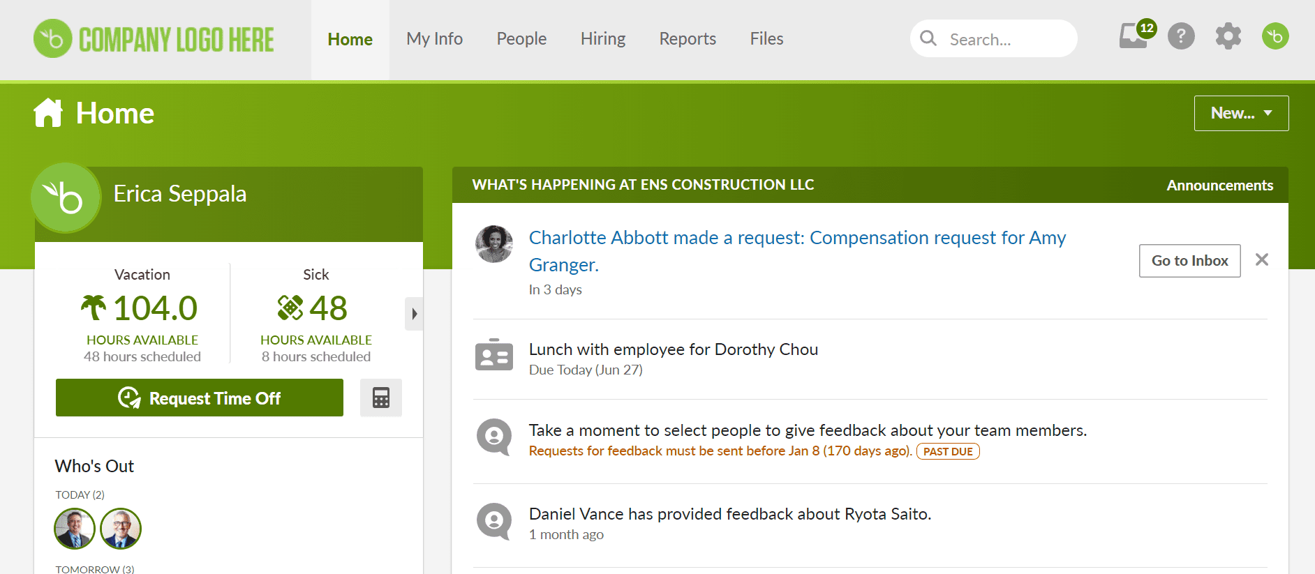 BambooHR employee management software dashboard