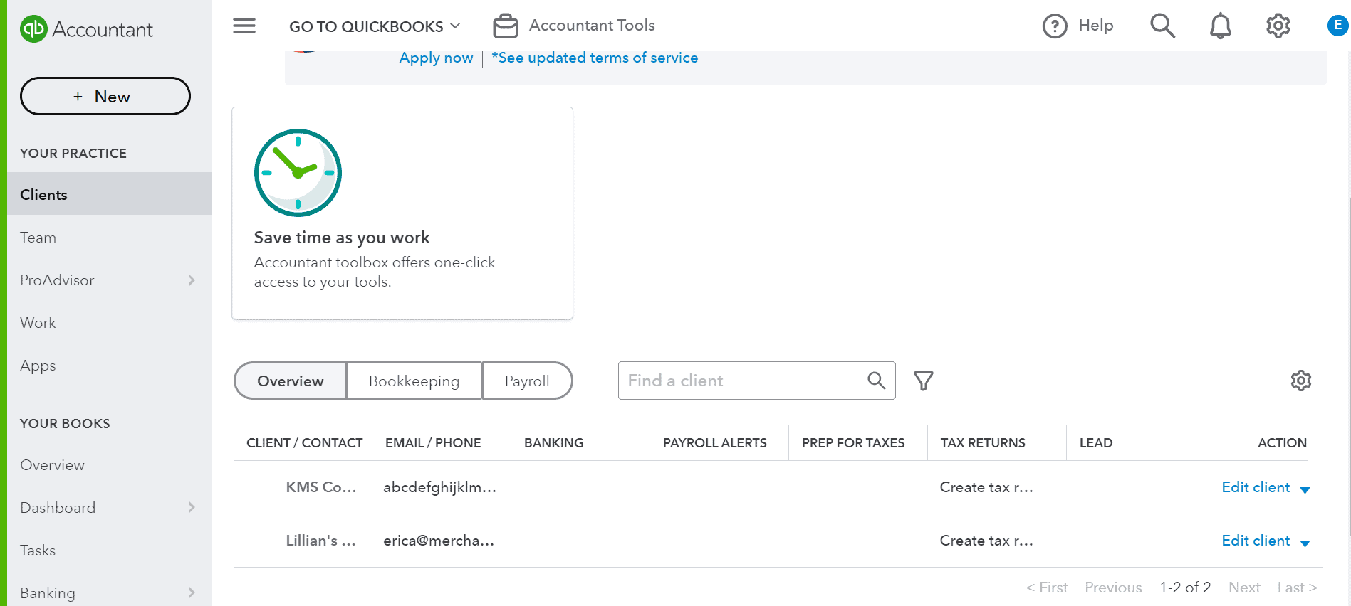 quickbooks accountant dashboard screen