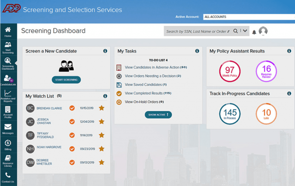 ADP background check software screening dashboard