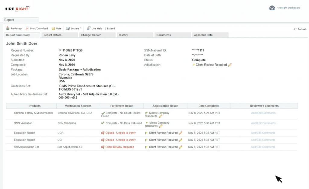 HireRight background check software report