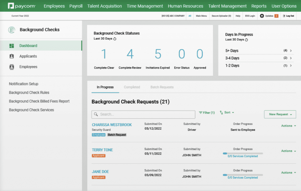 Paycom background check software dashboard