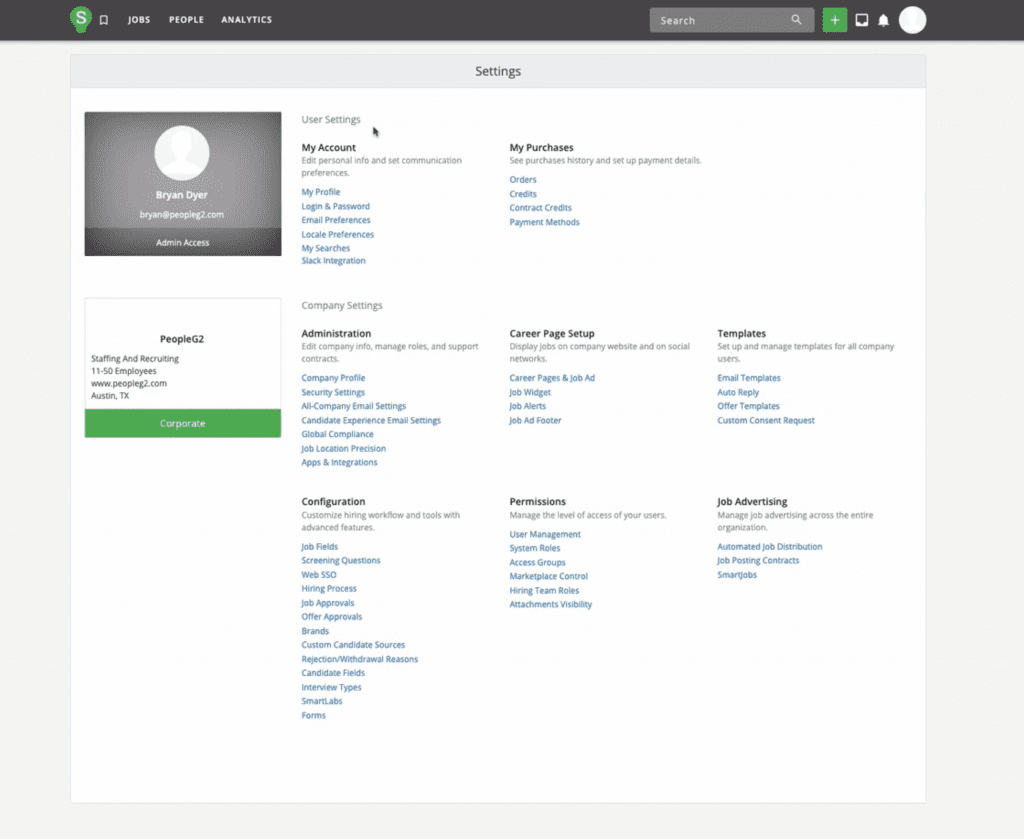 PeopleG2 background check software settings page