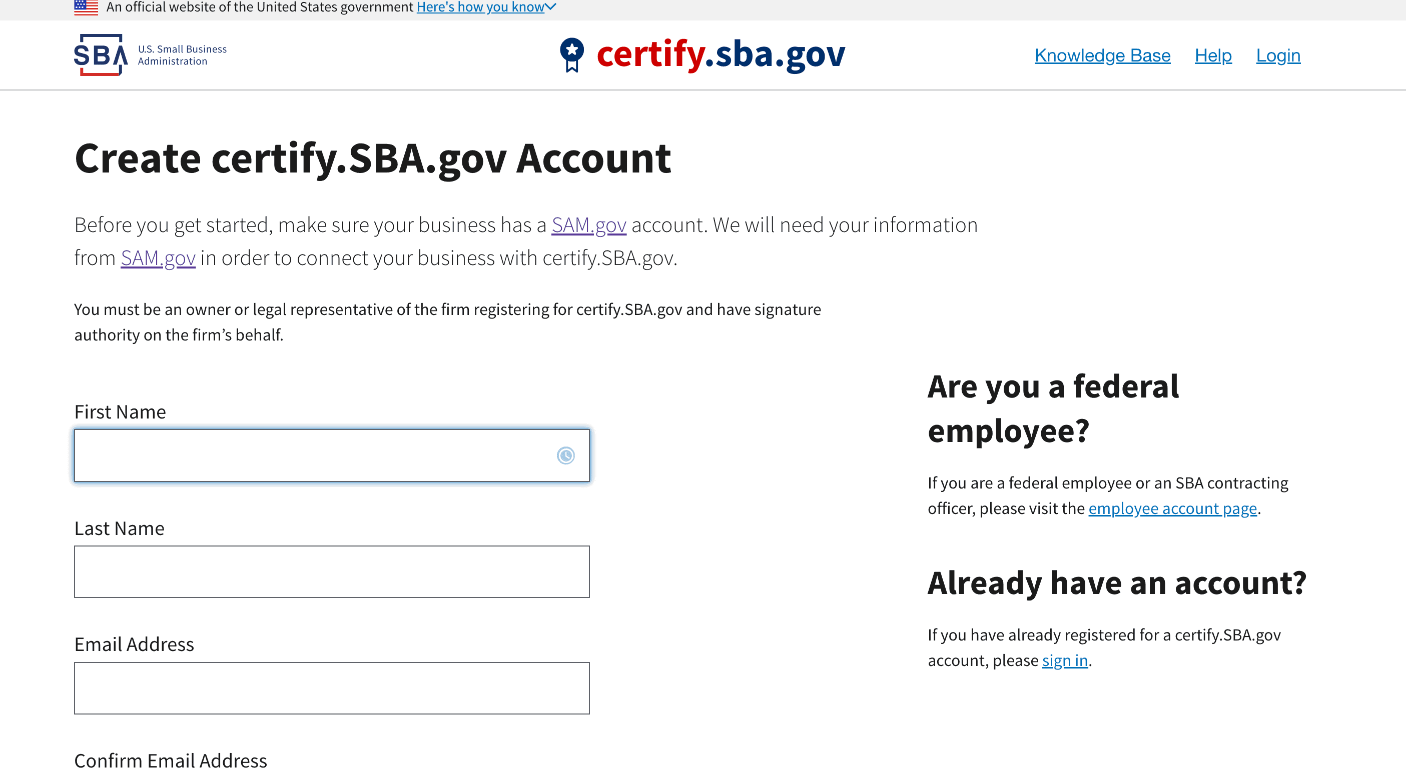 Create SBA Certify account 
