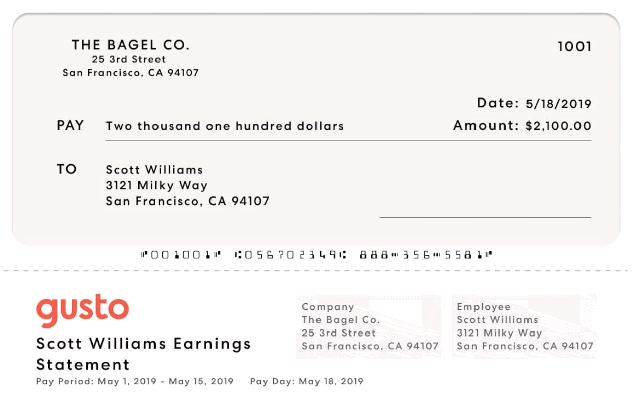 Gusto payroll check-printing software check preview