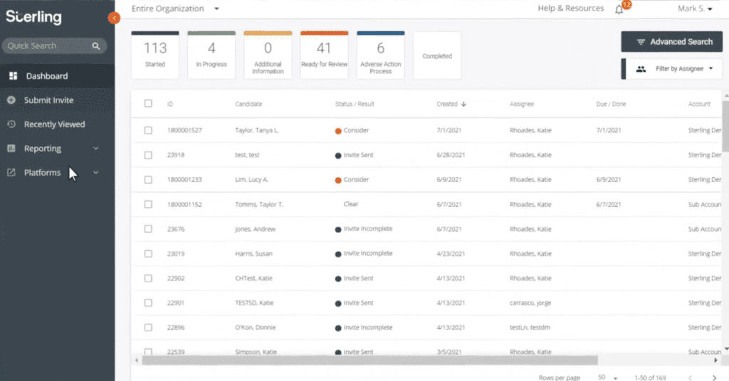 Sterling background check software dashboard