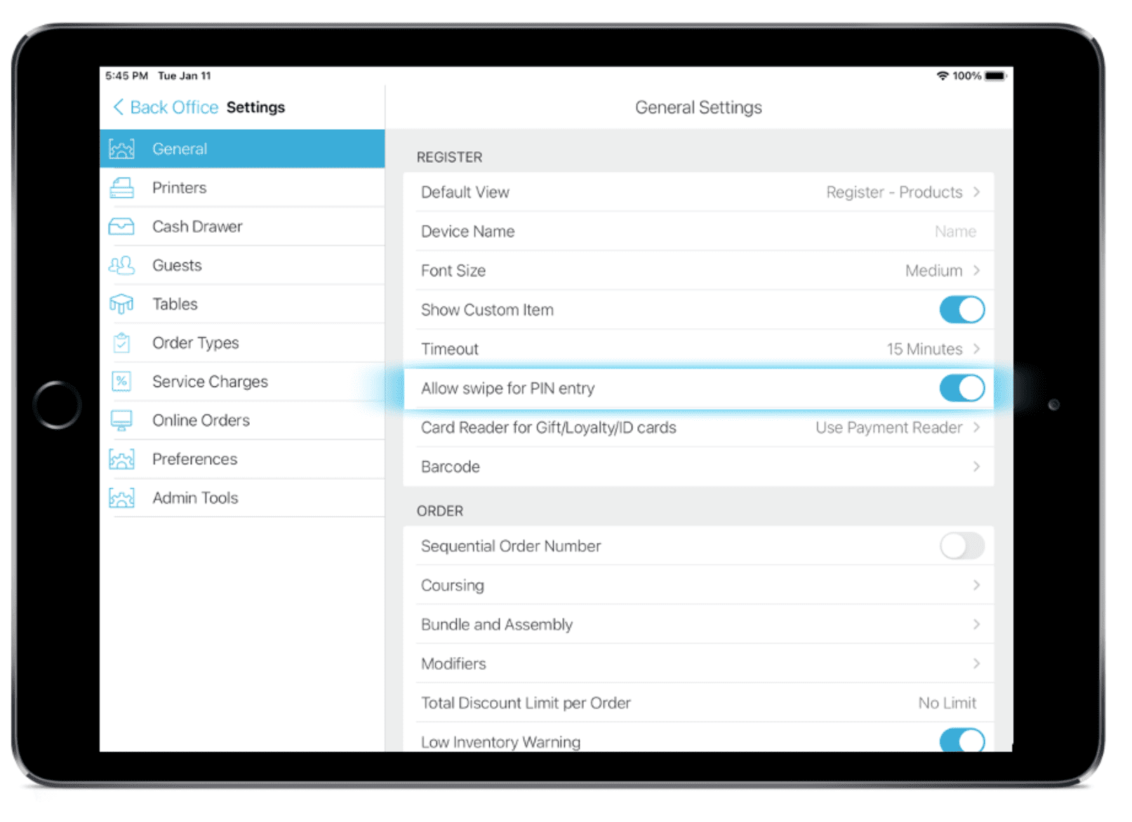 talech manager override swipe card settings on iPad