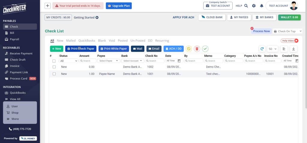 online check writer dashboard