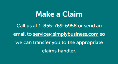Screengrab of Simply Business webpage showing information about how to start an insurance claim