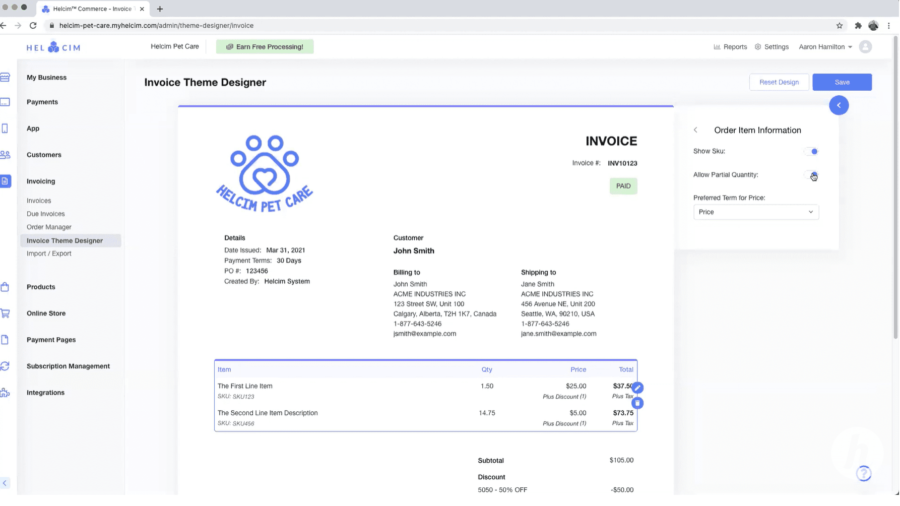 Helcim POS custom invoice theme designer